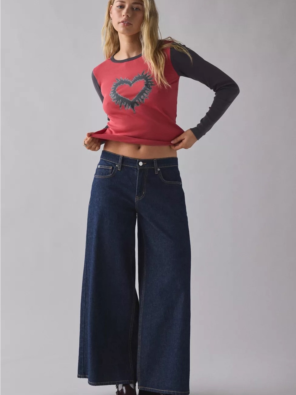 Urban Outfitters grunge heart graphic raglan long sleeve baby tee